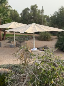 Working under umbrellas at Cas Cabo Nou hotel in Mallorca