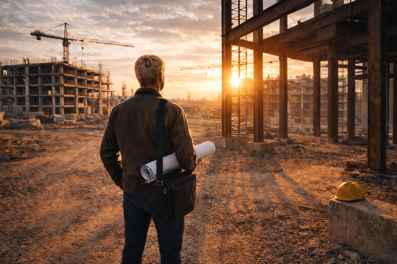 Agentic AI powering construction workflows on a commercial building site, symbolizing orchestration and reduced rework in construction.